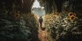 Rear view of a person walking along a narrow path through a dense field of tall sunflowers, discovering a hidden summer