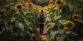 Rear view of a person walking along a narrow path through a dense field of tall sunflowers, discovering a hidden summer