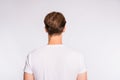 Rear view photo of amazing hair styling guy wear casual outfit on white background
