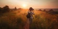 Rear view of a photographer capturing the stunning beauty of a summer landscape, with vibrant colors and warm sunlight