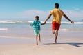 Rear view of playful african american young man running with son at beach against sky on sunny day Royalty Free Stock Photo