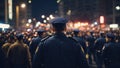 Rear view of police officer on the street in crowd of protesters, generative ai