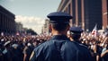 Rear view of police officer on the street in crowd of protesters, generative ai