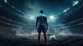 Rear view portrait of soccer player in front of futuristic scorching ground on stadium going to scoring goal. Illustration. AI