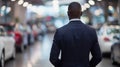 Rear view of professional African American man in car showroom