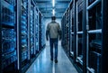 Data Center Infrastructure Management: IT Professional Navigating Server Room Aisle for Network Reliability Royalty Free Stock Photo