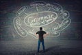 Rear view of puzzled student, hands on hips, stands in front of a huge blackboard written with chalk english grammar parts of Royalty Free Stock Photo