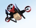 Rear view of red VTOL drone carrying delivery package flying in the sky