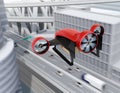 Rear view of red VTOL drone carrying delivery packages flying in the sky