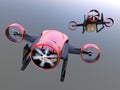 Rear view of red VTOL drones carrying delivery packages flying in the sky
