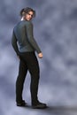 Rear view render of a handsome man with clenched fists looking over his shoulder