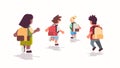 Rear view school children group with backpacks running back to school education concept mix race male female pupils flat