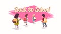 Rear view school children group with backpacks running back to school education concept mix race male female pupils flat