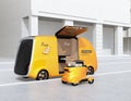 Rear view of self-driving pizza delivery van and drone