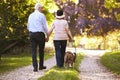 Rear View Of Senior Couple Walking Pet Bulldog In Countryside Royalty Free Stock Photo