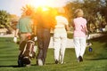 Rear view of senior golfers walking on the golf course Royalty Free Stock Photo