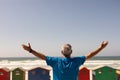 Rear view senior man standing with arms outstretched at beach Royalty Free Stock Photo