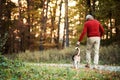 A rear view of senior man walking with a dog in an autumn nature at sunset. Royalty Free Stock Photo