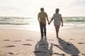 Rear view of senior multiracial couple holding hands walking towards sea at beach with footprints Royalty Free Stock Photo