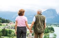 Rear view of senior pensioner couple hiking in nature, holding hands.