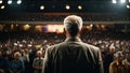 Rear view of senior politician during the election speech in front of the crowd, generative ai