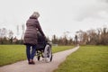 Rear View Of Senior Woman Pushing Senior Man In Wheelchair Outdoors In Fall Or Winter Park Royalty Free Stock Photo