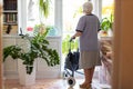 Rear view of a senior woman with walking frame