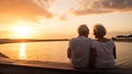 Rear view, Seniors enjoying of retirement with a beach at sunset Royalty Free Stock Photo