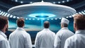 Rear view, several scientists in white coats are standing watching a huge flying saucer in the sky