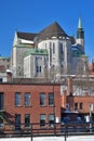 SHERBROOKE, QUEBEC, CANADA - March 4, 2021 Downtown cityscape Saint Michel Basilica Cathedral rear elevation