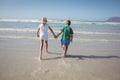 Rear view of siblings holding hands while running on shore Royalty Free Stock Photo