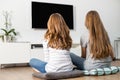 Rear view of siblings watching TV at home