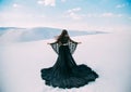 Rear view Silhouette of Beauty woman. Queen in black clothes stands in desert. Girl fashion model. long, silk dress with