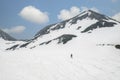 Rear view of skier walking through snow mountains, Japan Royalty Free Stock Photo