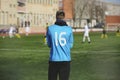 Rear view of soccer goalkeeper