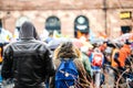 Rear view of surveillance young man wearing hoodie coat protest