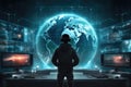 Rear view of system administrator standing and in front of screens, Metaverse concept Royalty Free Stock Photo