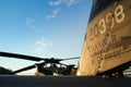 Rear view of the tail of a military helicopter