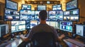 technical operator employee working with multiple computer monitors, displays in system control room
