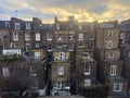Rear view of terraced brick houses in Kensington, London, at sunrise