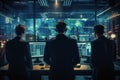 Rear view of three businessmen looking at monitors in dark office interior, Futuristic cybersecurity workspace and a team of