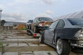 Rear view on three drift crashed cars used for drifting sport.