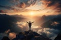 Rear view of traveler man with hands in the air stand on mountain looking on beautiful view