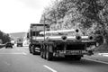 Rear view of truck carrying multiple steel pillar Royalty Free Stock Photo