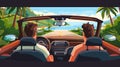 Rear view of two people driving drop top car on road trip vacation Royalty Free Stock Photo