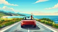 Rear view of two people driving drop top car on road trip vacation Royalty Free Stock Photo