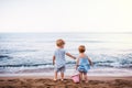 Rear view of two toddler children playing on sand beach on summer holiday.