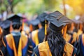 Rear view of university graduates wearing graduation gown and cap in the commencement day, depth of field Royalty Free Stock Photo