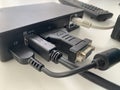 Rear view from a USB laptop docking station, ports to connect to various peripherals