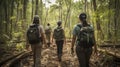 Rear view Volunteers work hands-on in wildlife and environmental conservation, protecting and nurturing diverse species and their